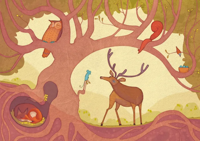 Stag and small animals under tree with owl, squirrel, fox, and bird