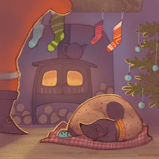 Dog sleeping by a fireplace with hanging Christmas stockings and decorated tree