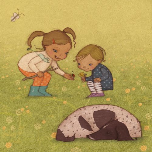 Two girls looking at a butterfly on grass near a sleeping dog