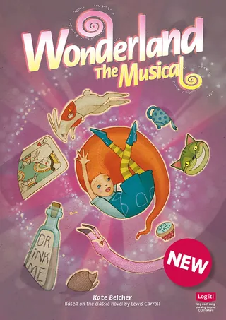 Wonderland The Musical poster with Alice and whimsical objects falling around her