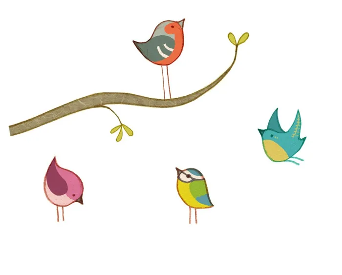 Four colorful cartoon birds around a curved tree branch