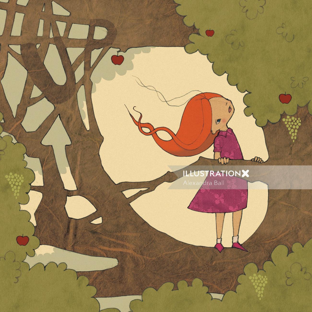 Girl on tree illustration