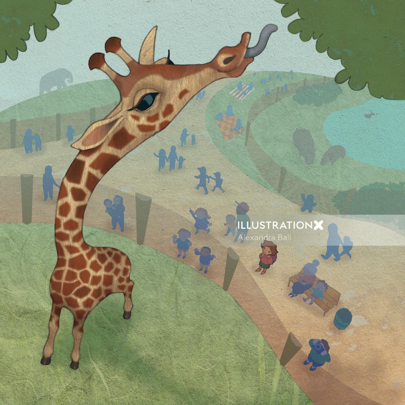 Vue aérienne, de, perspective, girafe, manger, feuilles, zoo, gens
