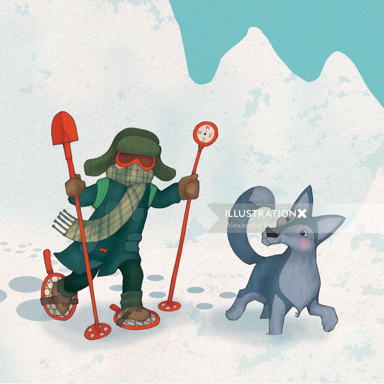 A Kid and dog playing in snow illustration