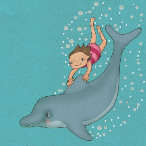 child girl riding on back of dolphin underwater line illustration