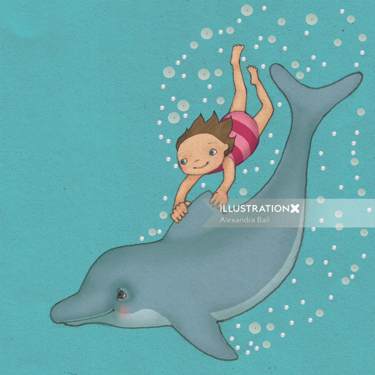 Niño niña montando en la parte posterior de la ilustración de línea submarina de delfines