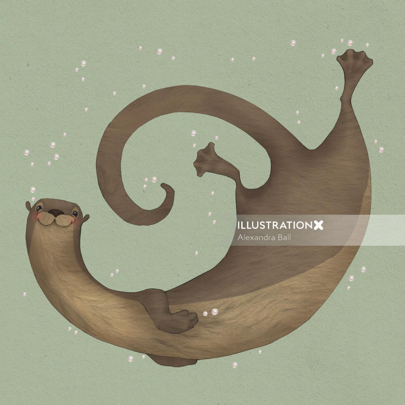 Illustration of happy otter swimming underwater in a friendly and playful way