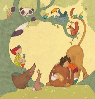 Ilustración de niños jugando y mostrando cuidado por los animales.