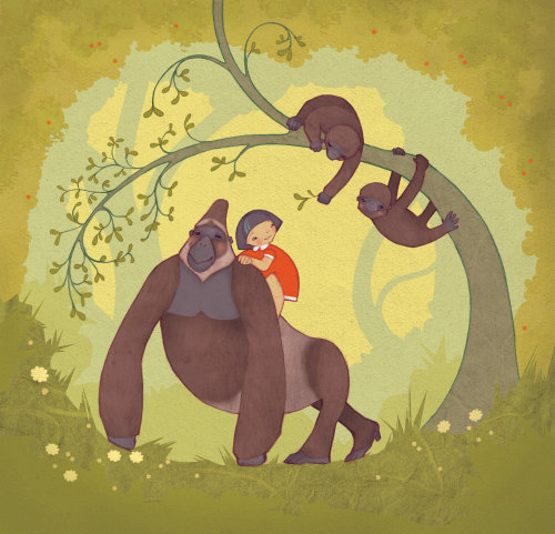 An illustration of mountain gorillas with young girl