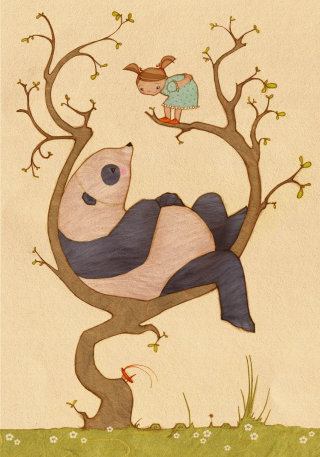 Panda y niña encima de una ilustración de la naturaleza de un árbol 