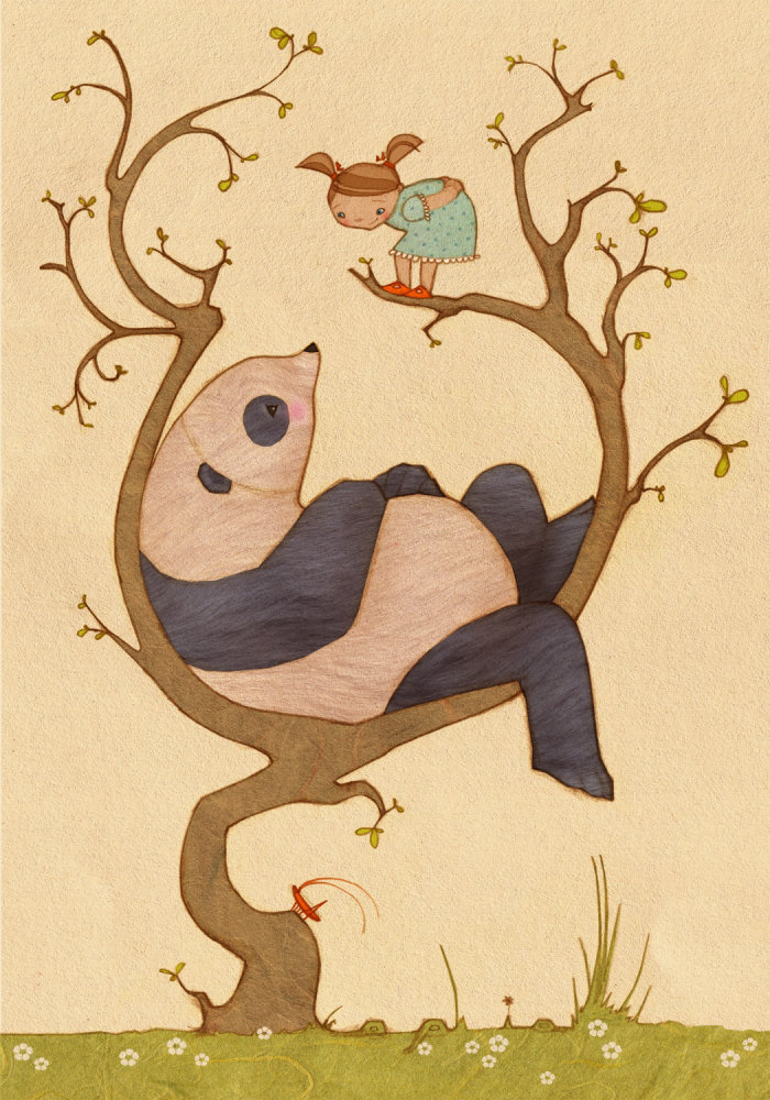 熊猫和树自然插图的女孩