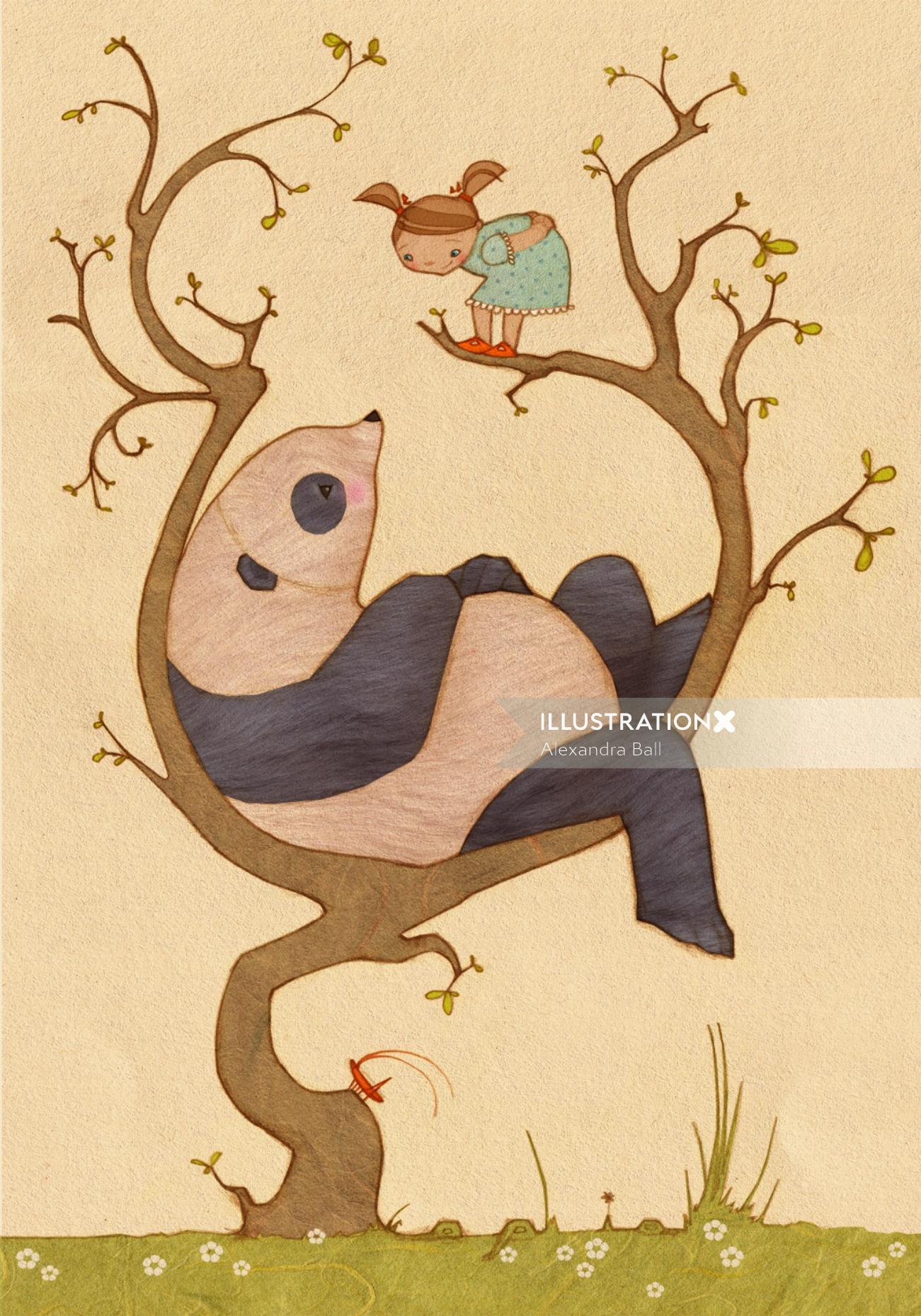 Panda y niña hasta una ilustración de naturaleza de árbol