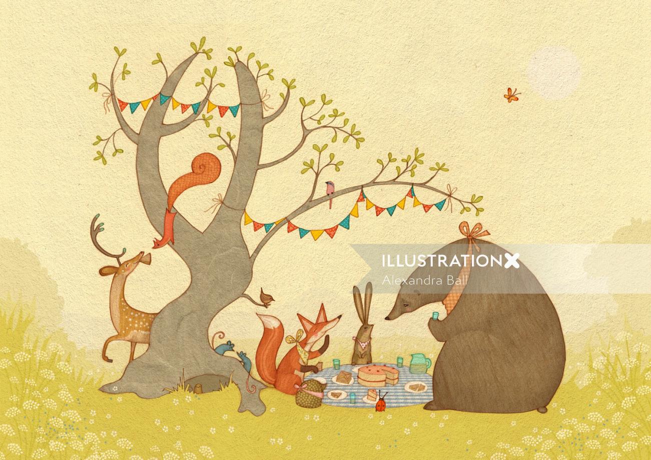 Una ilustración de animales haciendo picnic