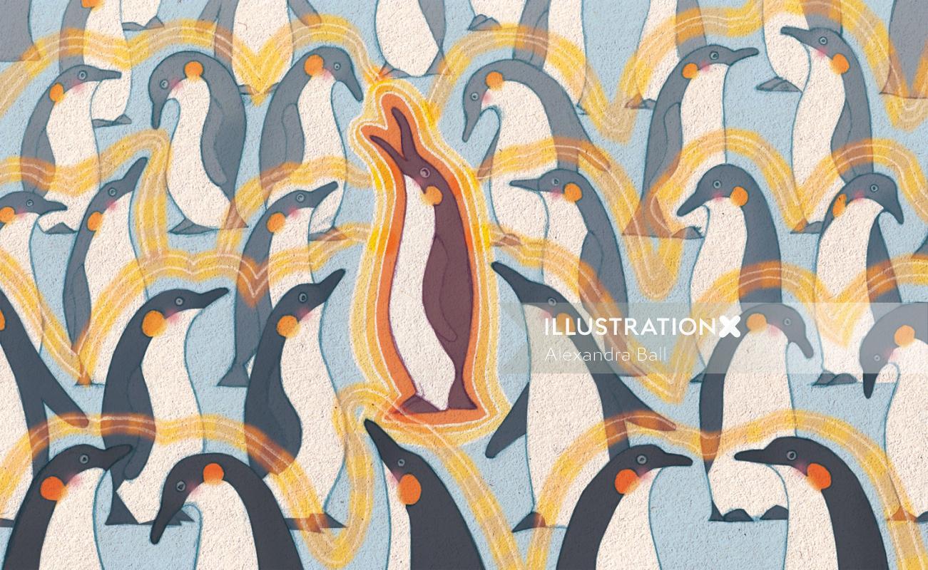 Una ilustración de pingüinos de pie juntos