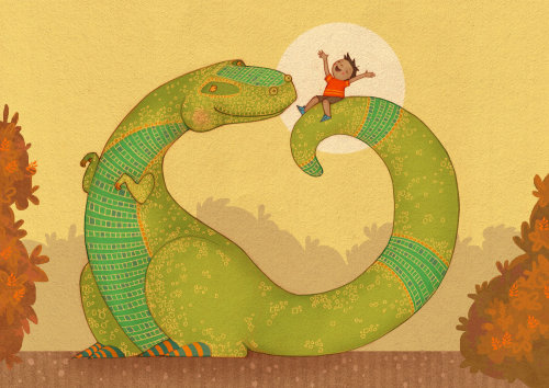 An illustration of T rex with young boy on tail