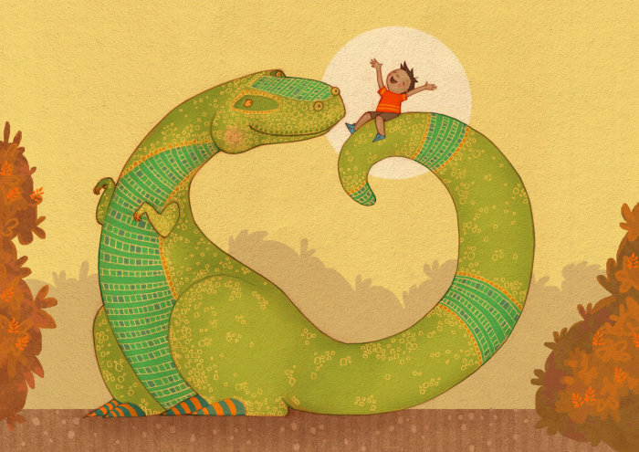 Uma ilustração de T rex com menino na cauda