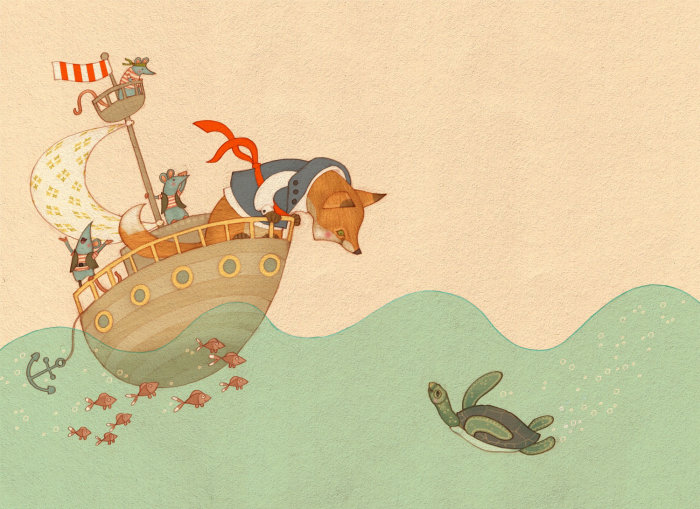 Uma ilustração de pirata raposa e ratos em barco à vela