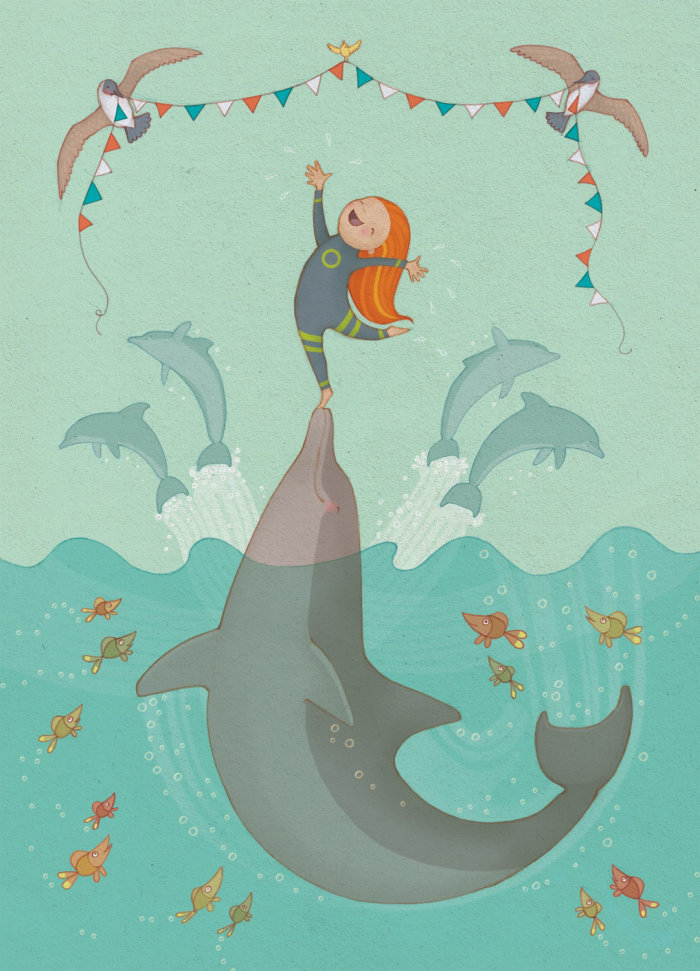 An illustration of girl doing acrobatics on dolphin