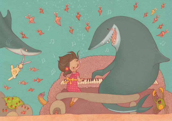 Girl play with sharks  illustration by Alexandra Ball