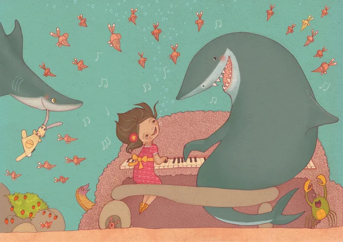 Girl play with sharks  illustration by Alexandra Ball