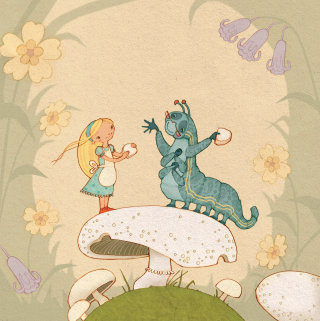Una ilustración de Alicia y la oruga azul.