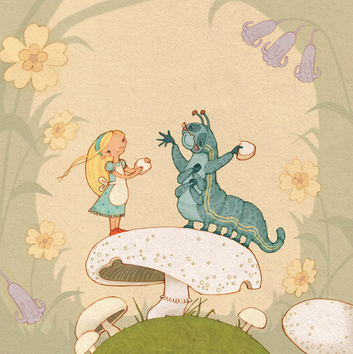 An illustration of Alice and the blue caterpillar