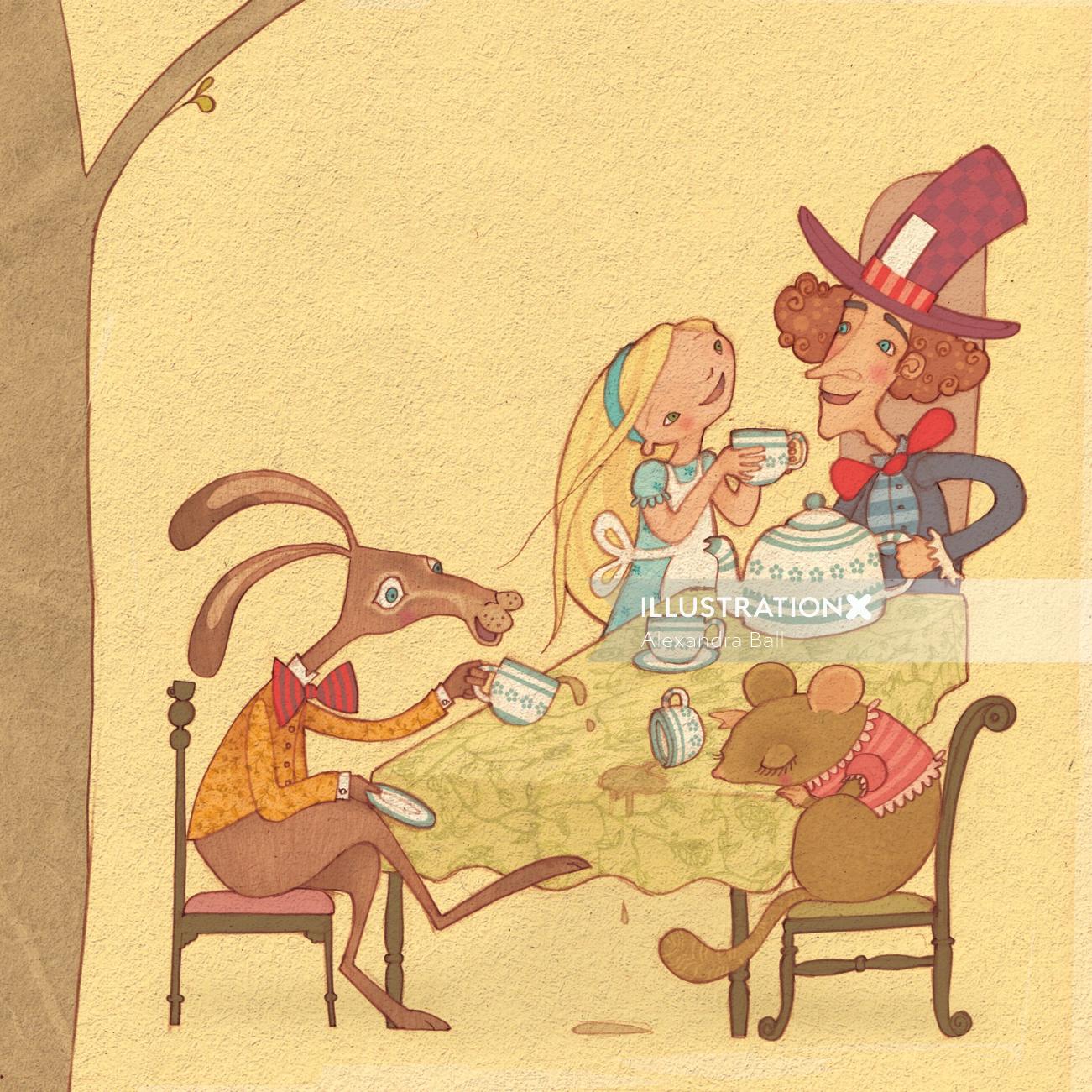 Alice está en la fiesta del té del sombrerero loco