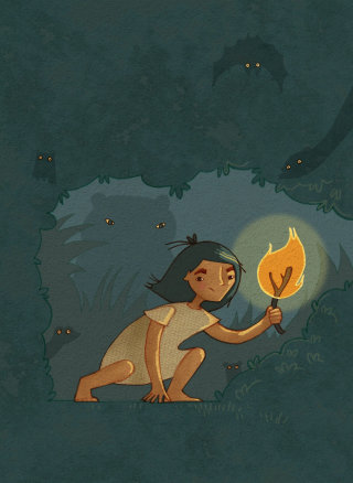 Fille tenant un bâton de feu, illustration par Alexandra Ball