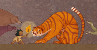 Bébé tenant le feu devant le tigre, illustration par 