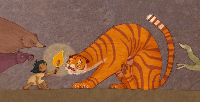 Baby holding fire before tiger illustration by 