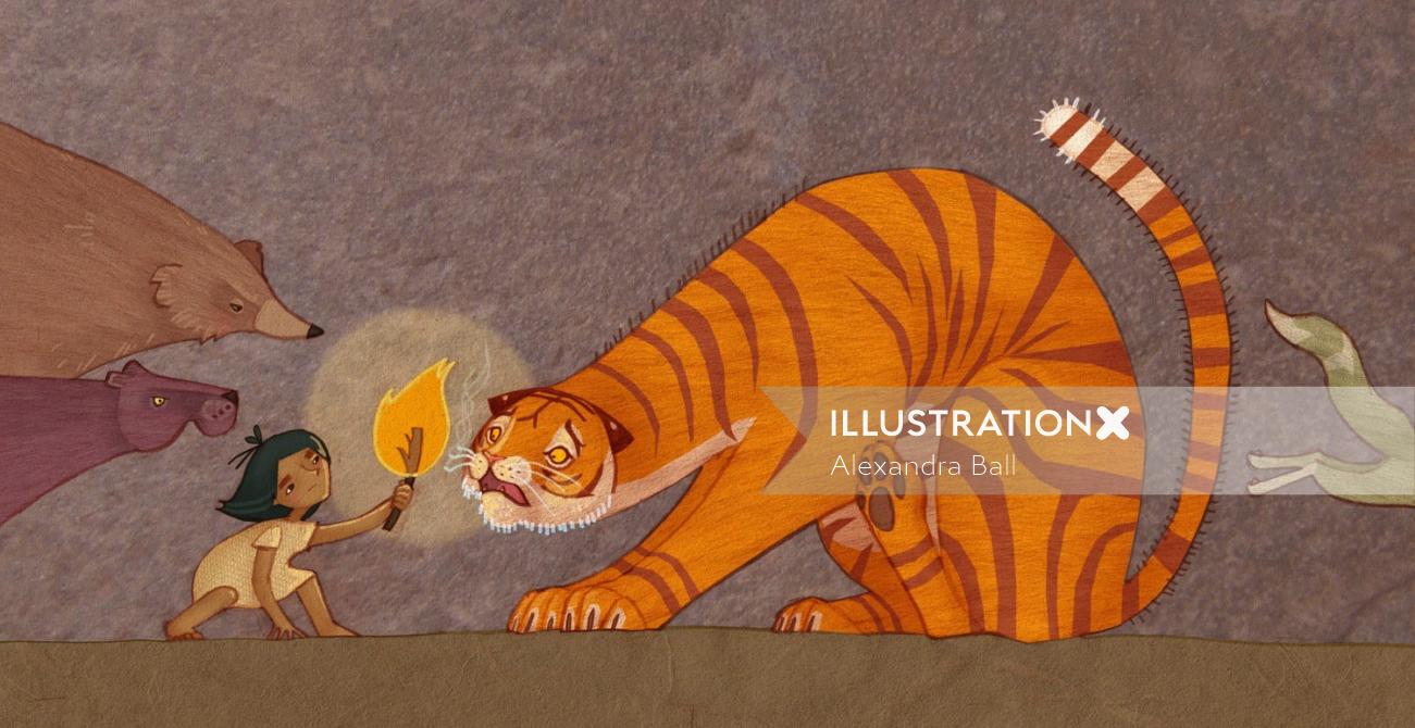 Bebé sosteniendo fuego antes de la ilustración del tigre por