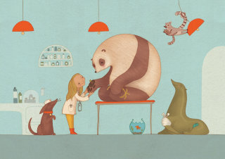 一位女孩和熊猫玩耍的插图