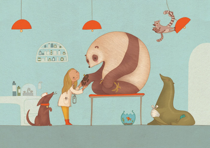 Uma ilustração da menina brincando com panda