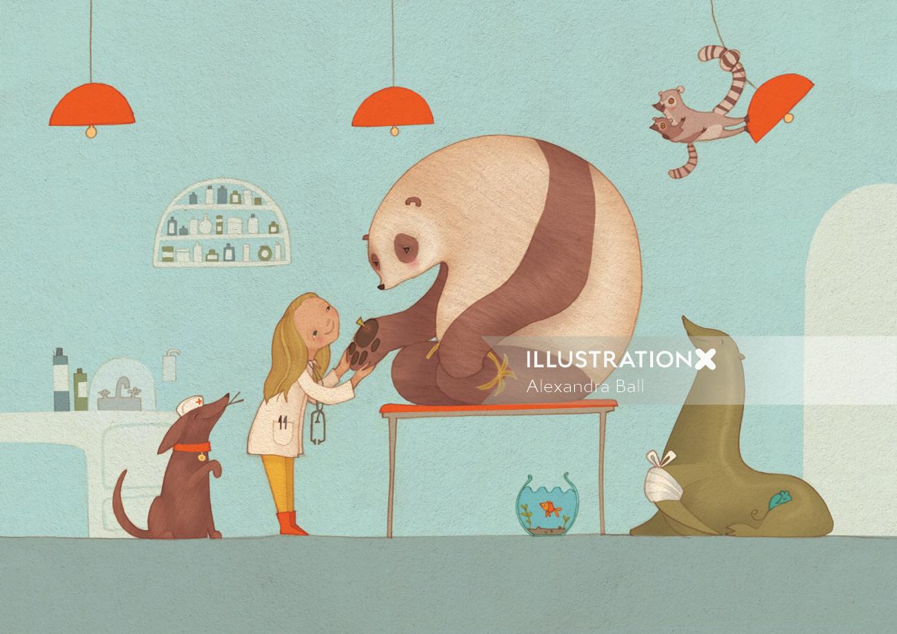 An illustration of girl playing with panda