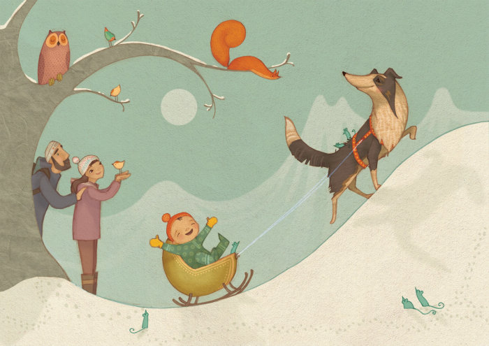 Cachorro Collie puxa bebê na montanha de neve - uma ilustração de Alexandra Ball