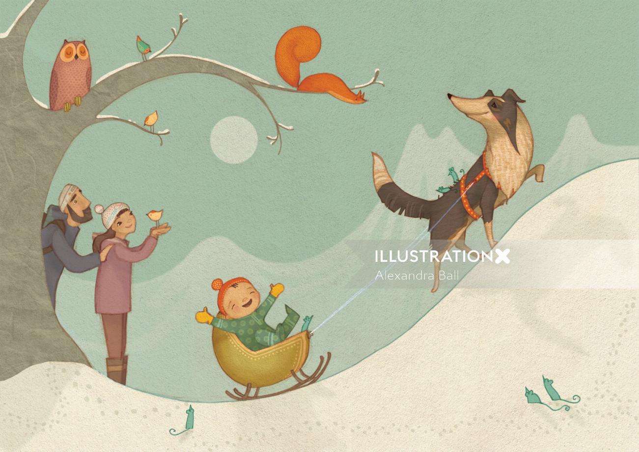 Collie dog pulls baby in the snowy mountain - An illustration by Alexandra Ball