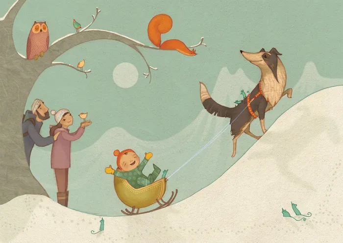 Collie dog pulls baby in the snowy mountain - An illustration by Alexandra Ball