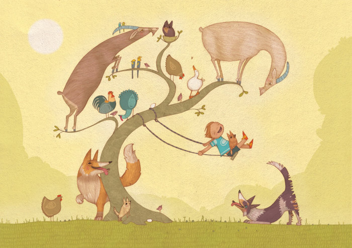 Animals, boy playing illustration by Alexandra Ball