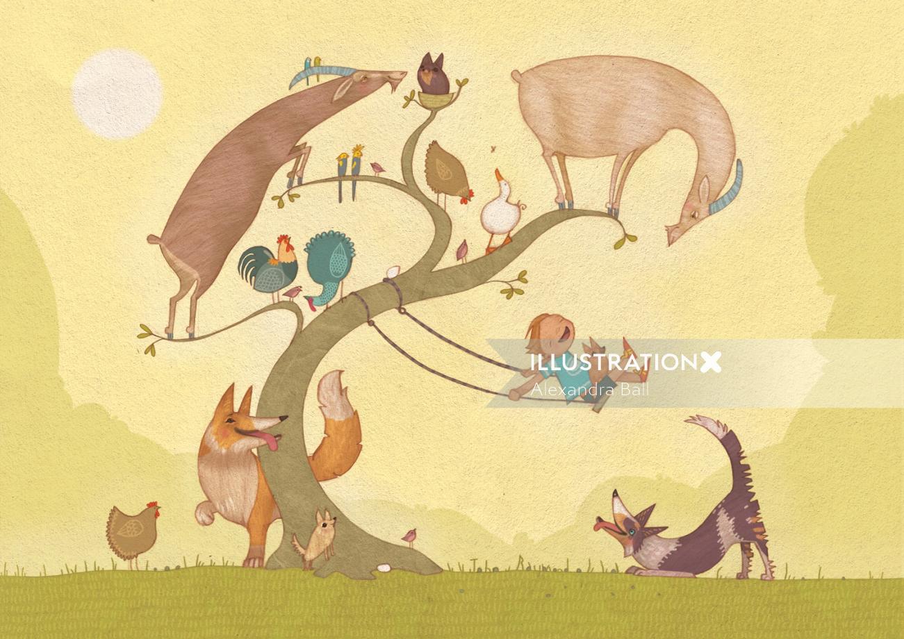 Animals, boy playing illustration by Alexandra Ball