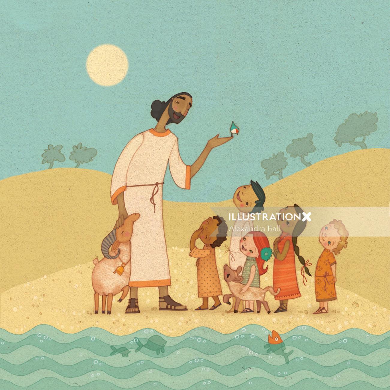 Uma ilustração de Jesus com crianças
