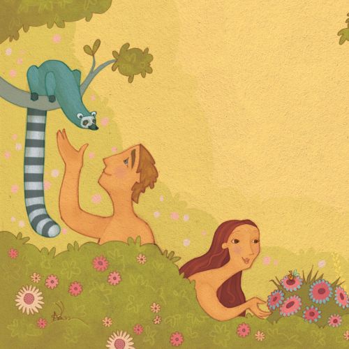 An illustration of Adam and Eve in the garden