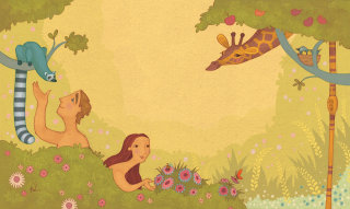 Una ilustración de Adán y Eva en el jardín.