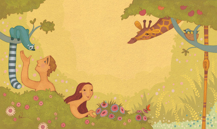 亚当和夏娃在花园里的插图