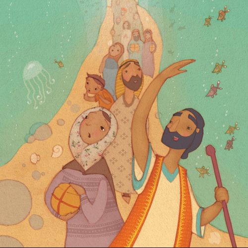 An illustration of Moses parting the red sea