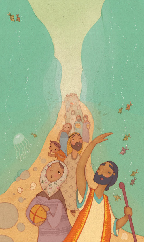 An illustration of Moses parting the red sea