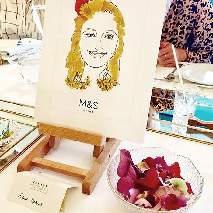Caricature portrait of a woman on an easel at a dining table
