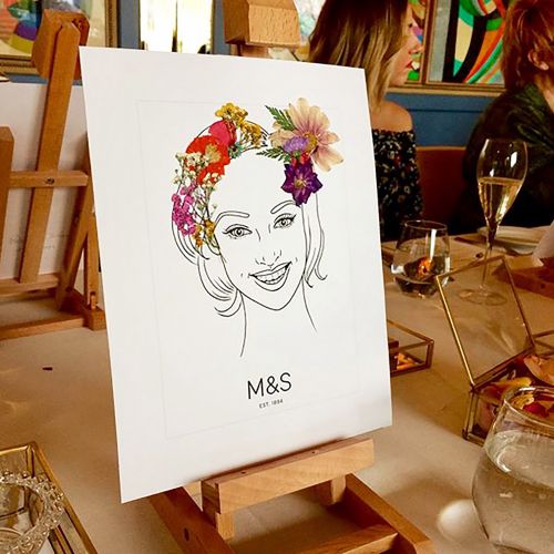 Illustration of a woman's face with colorful flowers on her head