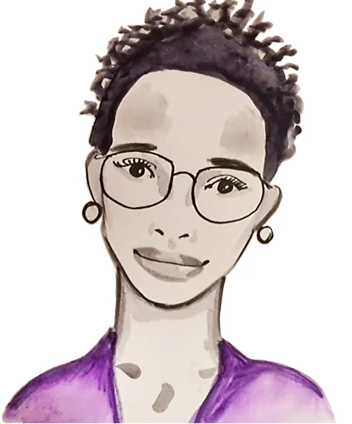 Watercolor portrait of a woman with short curly hair and glasses