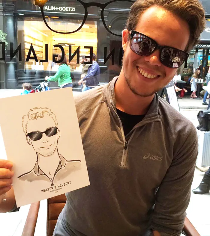 Stylish mall-goer with glasses at couture presentation