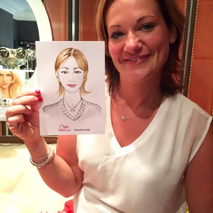 Woman smiling and holding a Wella hair illustration portrait